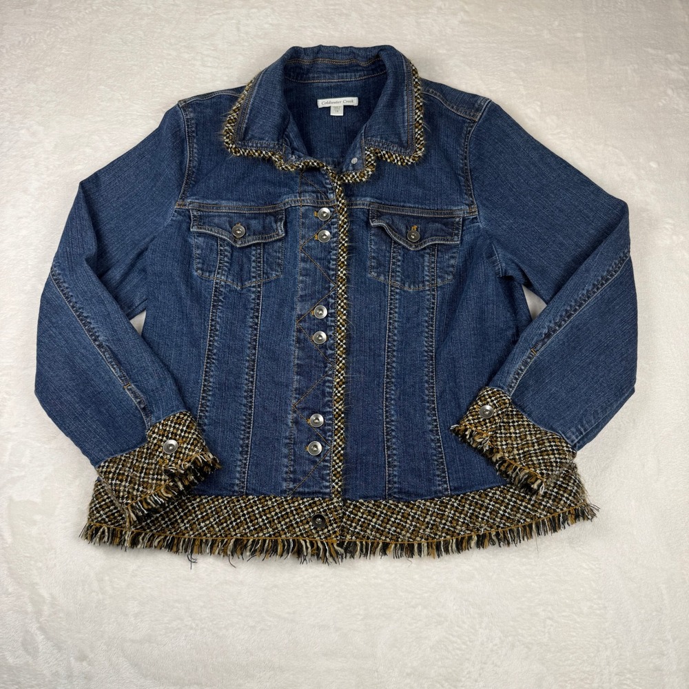 Coldwater Creek Denim Jacket Tweed Trim Fringe‎ Blue Jean Coat Women's Size 18